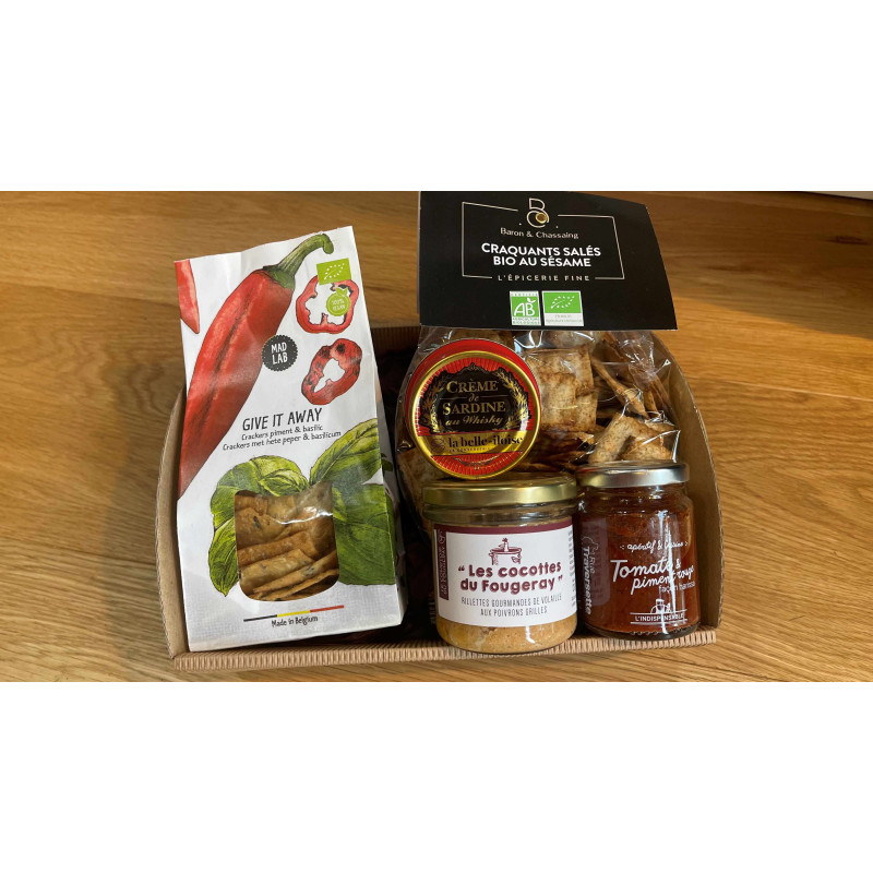 Coffret Gourmand, mini plaques, palets de fruits secs, dragées